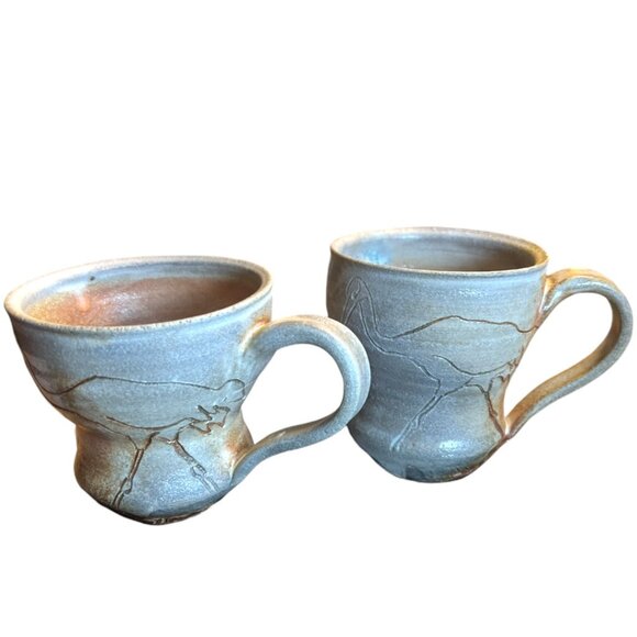 Pair of Handcrafted Pottery Mugs w Etched Cranes Anne Meyer - Picture 4 of 13